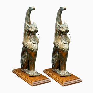 Fermaporta con statua di gatto in bronzo, Italia, metà XIX secolo, set di 2