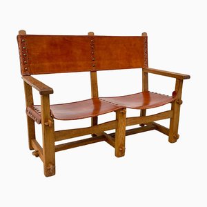 Vintage French Castle Bench in Oak and Leather, 1920s