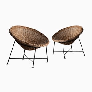 Vintage French Rattan Basket Lounge Chairs, 1960, Set of 2
