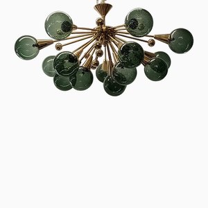 Lampadario Sputnik sferico in vetro verde e ottone di Murano, 1990