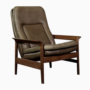 Mid-Century Danish Modern Teak Wood & Brown Leather High Armchair with Reclining Backrest, 1960s