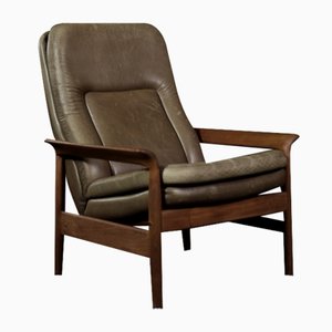 Poltrona Mid-Century moderna in teak e pelle marrone con schienale reclinabile, Danimarca, anni '60