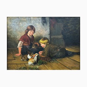 Van Barren, Children and Rabbits, 1871, Oil on Panel, Framed