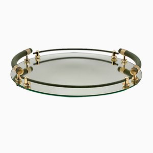Mirror Glass Tray with Green and 24K Gold Handles by Brass Milano, Italy, 1970s
