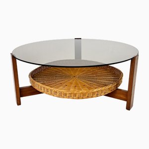 Vintage Teak Couchtisch mit Rattan & Glas, 1960er