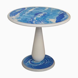 Round Table in White Marble with Blue Scagliola Decoration from Cupioli Living