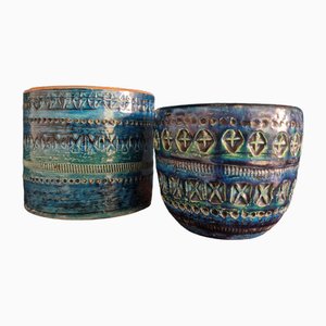 Mid-Century Keramikvasen in Rimini Blau, Tiefblau & Türkis Glasur von Aldo Londi für Bitossi, Italien, 1960er, 2er Set