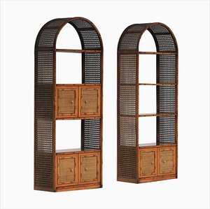 Bohemian Rattan Bookcases with Arch Top and Brass Details, 1970s, Set of 2