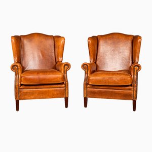 20th Century Dutch Sheepskin Leather Wing-Back Armchairs, Set of 2, 1980, Set of 2