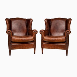 20th Century Dutch Sheepskin Leather Wing-Back Armchairs, 1980s, Set of 2