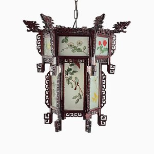 Chinese Lantern Chandelier in Wood and Decorated Glass, 1930s