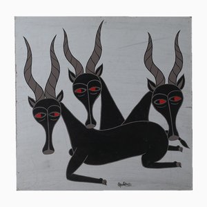 Composition de Salum Mussa, École Africaine Tingatinga, 1970s, Huile sur Panneau