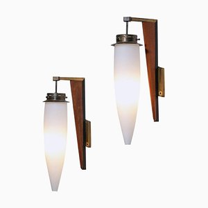 Large Italian Sconces in Brass and Opaline from Stilnovo, 1950, Set of 2
