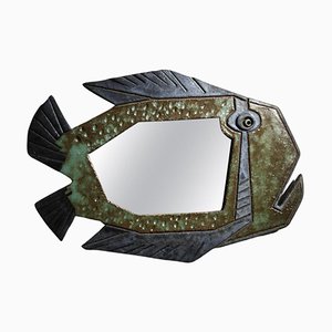 Espejo grande con forma de pez de cerámica esmaltada de Curiosa, 1990