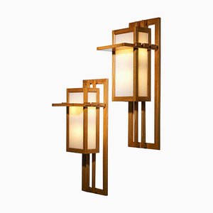 Large Modern Wood and Glass Sconces in Frank Lloyd Wright Style, 1960, Set of 2