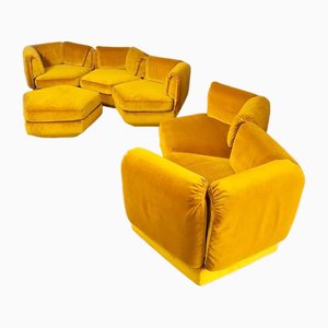 Set da salotto vintage in velluto giallo, anni '70, set di 6