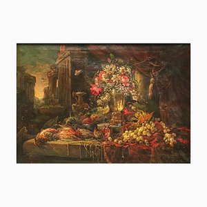 G. Zampogna, Dead Nature of Flowers and Fruit, 1952, Oil on Canvas, Framed