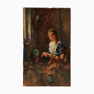 Lionello Balestrieri, Girl That Sews, años 20, óleo sobre tabla, enmarcado