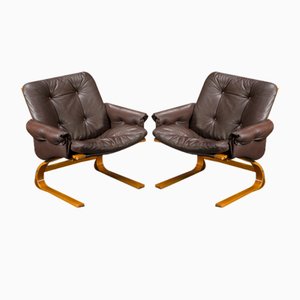 Brown Leather Armchairs by Elsa & Nordahl Solheim for Rybo Rykken & Co., 1970s, Set of 2