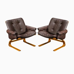 Poltrone in pelle marrone di Elsa & Nordahl Solheim per Rybo Rykken & Co., anni '70, set di 2