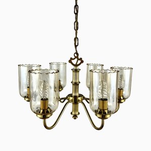 Vintage Brass Chandelier with Six Glass Lampshades, Germany, 1970s