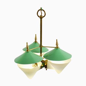Green Three Arm Chandelier in Metal, Opaline Glass Cones and Brass fromArlus, 1950s