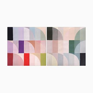 Oasis de Santa Fe, díptico Bauhaus de tonos claros, 2023, cuadrícula de pastel de paisaje geométrico