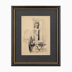 Richard Wintzer, A Young Woman & Bathing Machine, 1890s, Pen and Ink Drawing on Cardboard