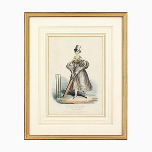 19th-Century Hand-Coloured Lithograph Keeping the Wicket Against All England, 1800s, Lithograph & Paper
