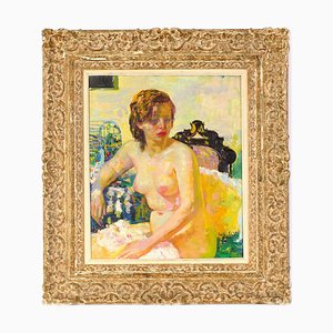 Giovanna Cellini, A. Miles & A. Pomi, desnudo femenino sentado, óleo sobre lienzo, años 50, enmarcado