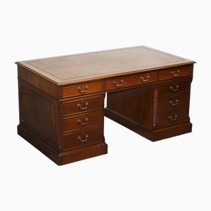 Large Twin Pedestal Desk with Brown Leather Top