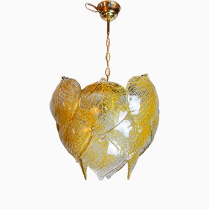 Murano Leaf Chandelier in Gilded Frosted Glass from Mazzega, Italy 1970s