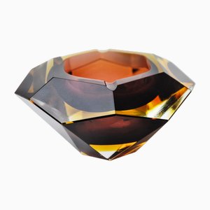 Brown and Yellow Sommerso Ashtray in Faceted Glass attributed to Seguso, Murano, Italy, 1970s