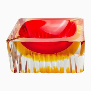 Red and Yellow Cubic Sommerso Ashtray attributed to Seguso, Murano, Italy, 1970s