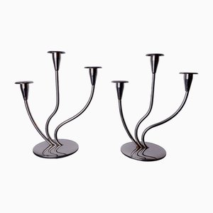 Art Deco Candlesticks in Stainless Steel with 3 Flames, Spain, 1970s, Set of 2
