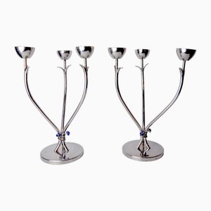 Art Deco Candlesticks in Stainless Steel with 3 Flames and Blue Stones, Spain, 1970s, Set of 2