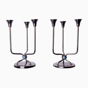 Art Deco Candlesticks in Stainless Steel with 3 Flames and Blue Stones, Spain, 1970s