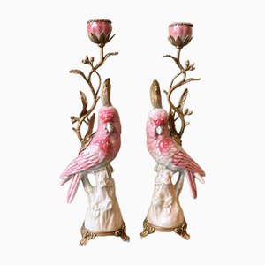 Pink Parrot Candlesticks in Porcelain and Bronze by WL 1895, Set of 2