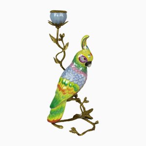 Green and Blue Parrot Candlestick in Porcelain and Bronze by Royal Family