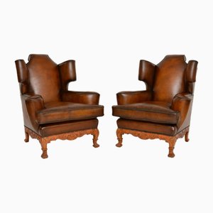 Fauteuils Antiques en Cuir, 1920s, Set de 2