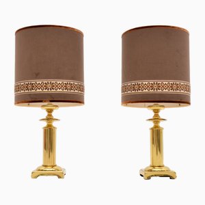 Vintage Brass Table Lamps with Velvet Shades, 1970s, Set of 2