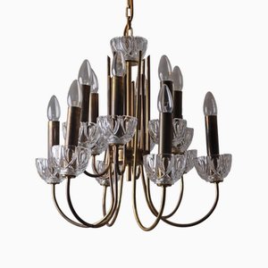 12 Flame Chandelier in Brass and Lead Crystal, 1960s