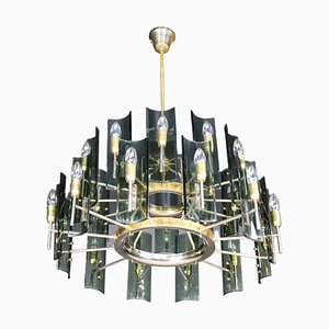 Large Chandelier in Brass and Curved Glass by Gino Paroldo for Fontana Arte, Italy, 1950s