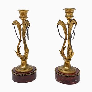 Louis XVI Style Candlesticks in Gilded Bronze and Griotte Marble, Set of 2