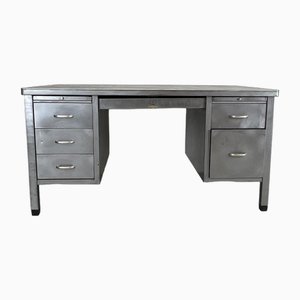 Vintage Double Pedestal in Polished Steel and Metal Desk with Brass Handles
