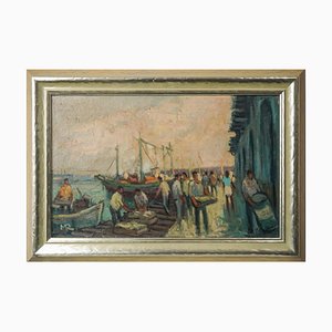 Josep Martinez Romero, Sailors at the Port of Arenys, Oil on Canvas, Framed