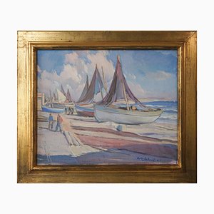 Fishing Boats on the Beach, Oil on Canvas, Framed