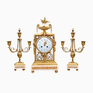 French Garniture Clock Set in Gilt Marble, Set of 3