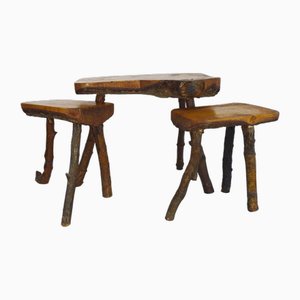 Brutalistic Tripod Coffee Table with 2 Stools, 1960s, Set of 3