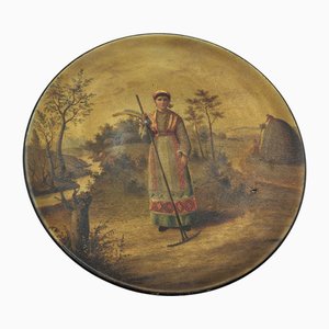 19th Century Russian Lacquer Vyshniakov Plate Depicts Female in Traditional Dress